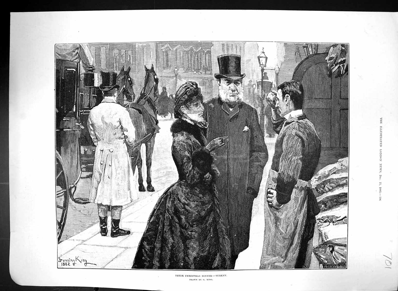 Old 1883 Street Scene Buying Christmas Turkey Dinner Butcher Horses C Victorian