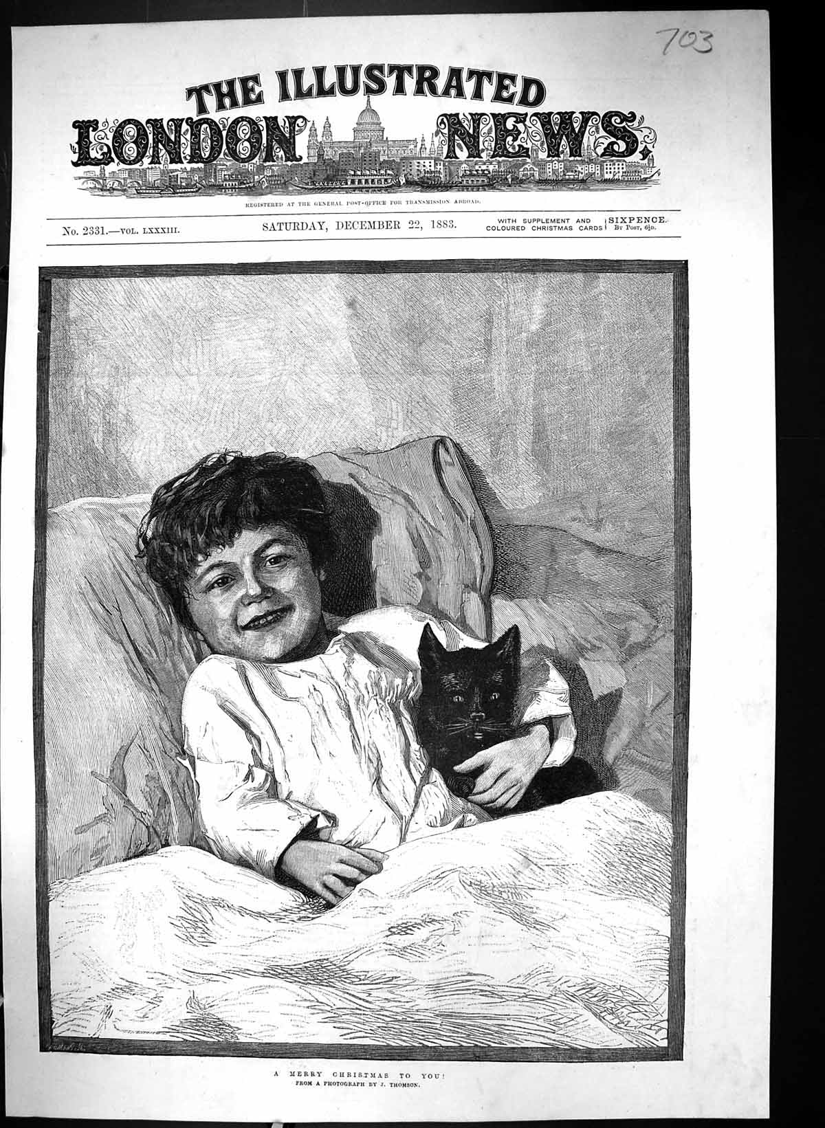 Original Old Antique Print 1883 Merry Christmas Young Boy Kitten Thomson 19th