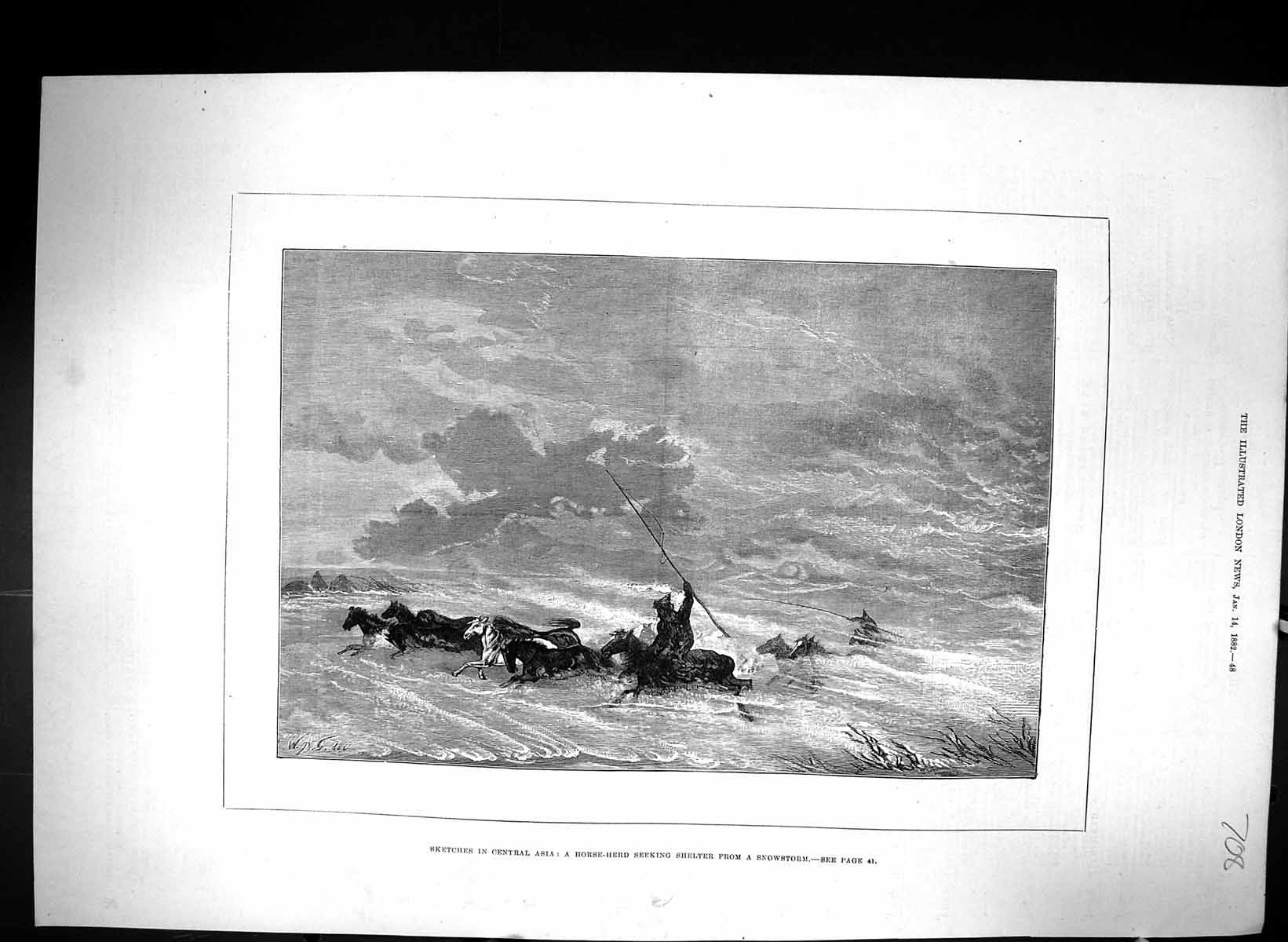 Antique Print 1882 Scene Central Asia Horse Herd Seeking Shelter Snow Storm