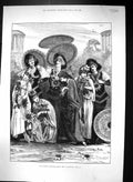 Original Old Antique Print 1882 Aesthetic Quadrille Party Ladies Flower Fashion