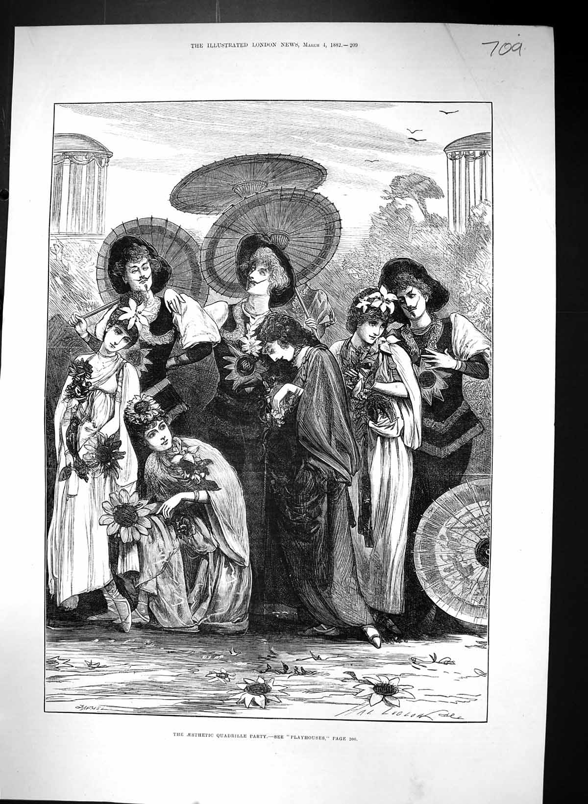 Original Old Antique Print 1882 Aesthetic Quadrille Party Ladies Flower Fashion