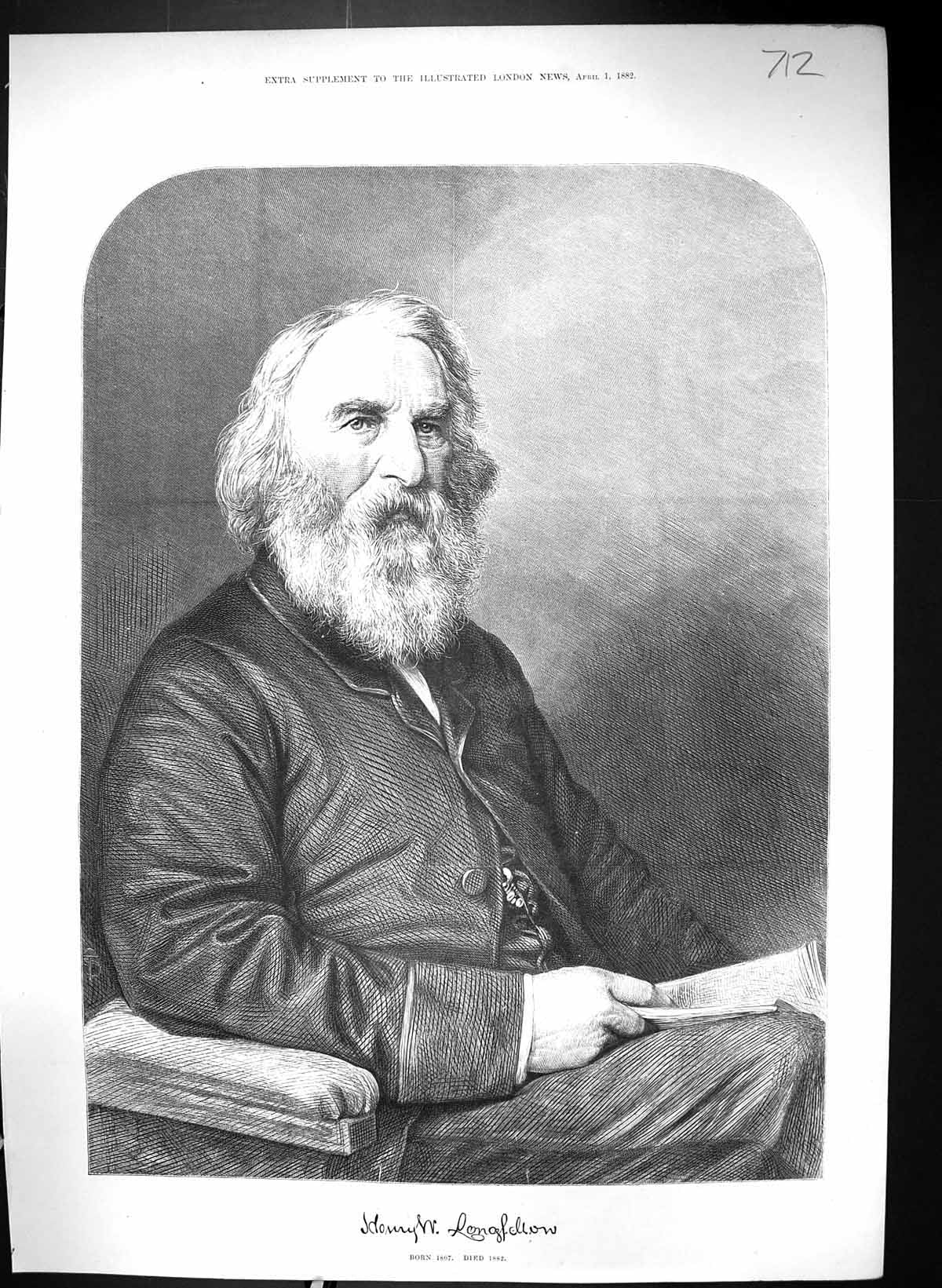 Original Old Antique Print 1882 Portrait Gentleman Henry Longfellow Victorian