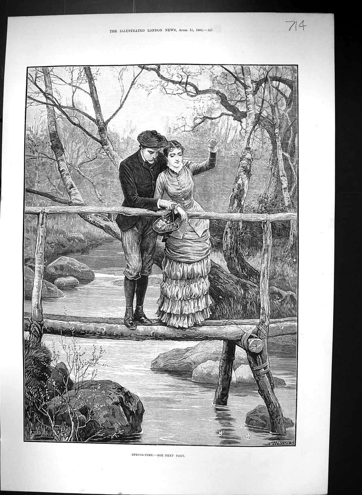 Old Antique Print 1882 Man Lady River Wooden Bridge Romance Spring Dadd 19th
