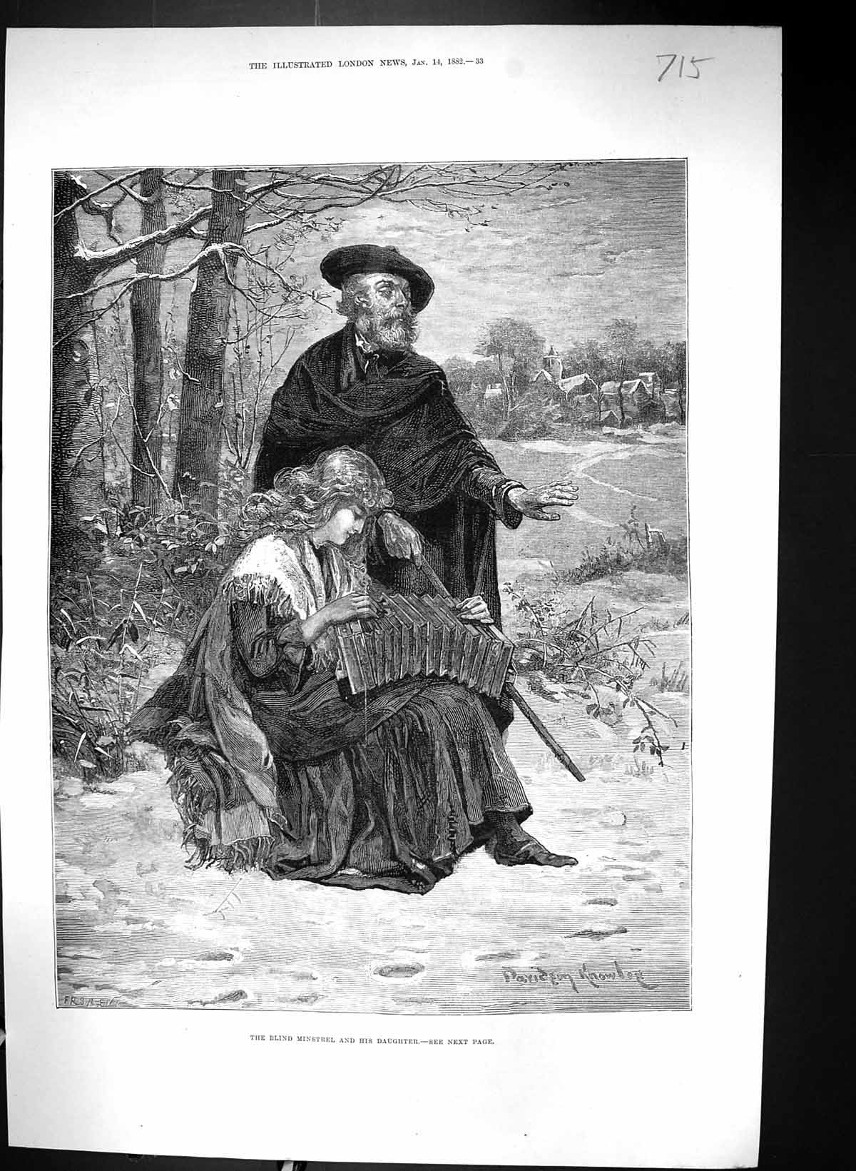 Original Old Antique Print 1882 Davidson Knowles Blind Minstrel Daughter Music