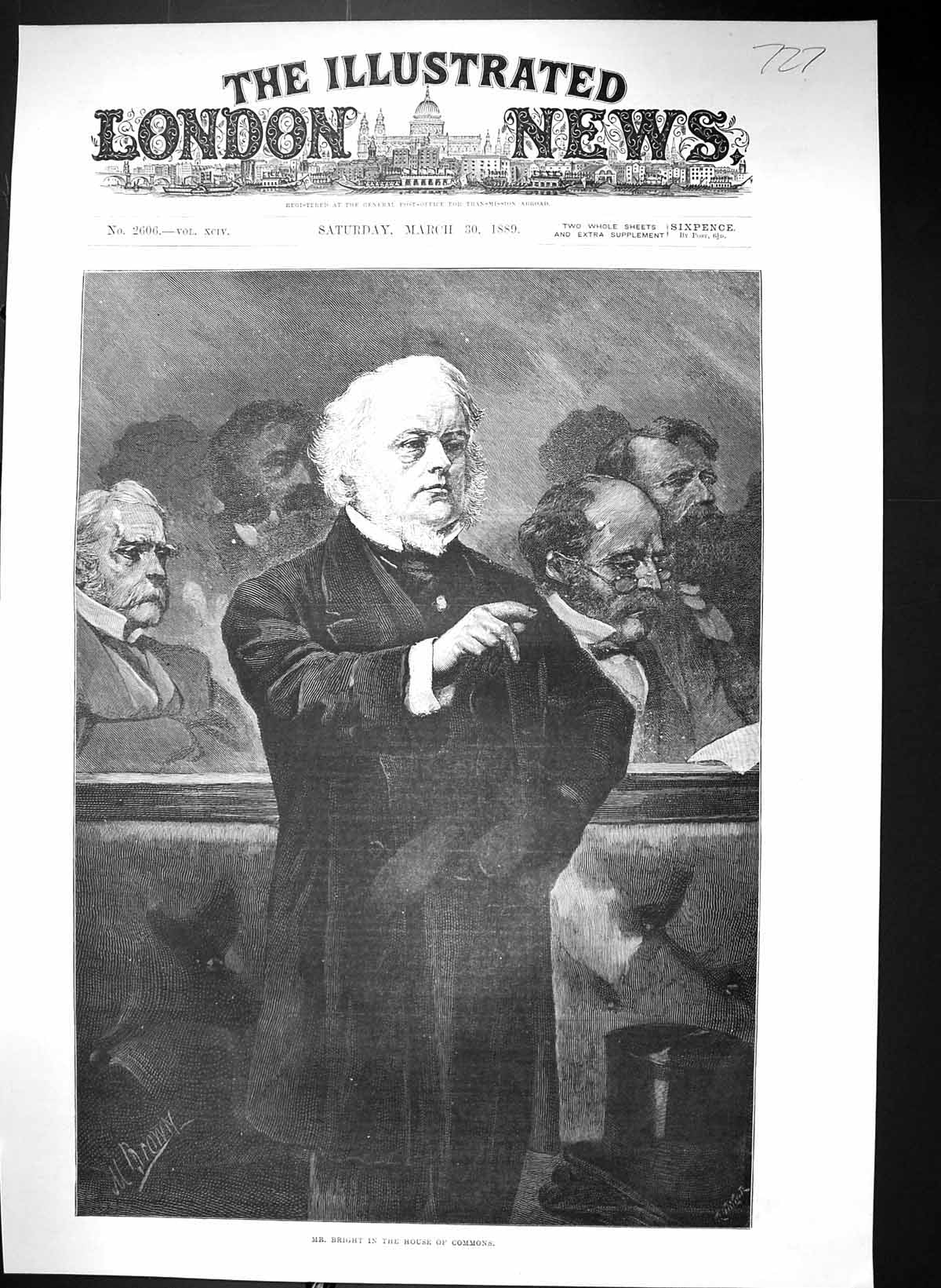 Original Old Antique Print 1889 Portrait Mr. Bright House Commons Parliament