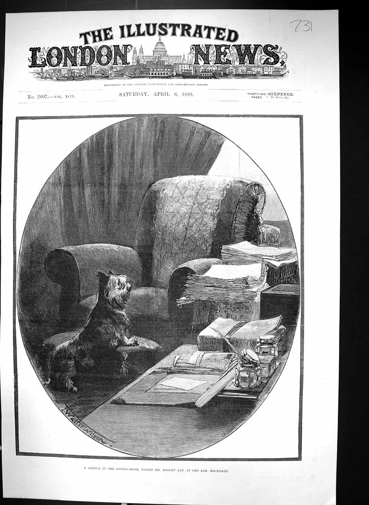 Old 1889 Sketch Dining Room Mr Bright One Ash Rochdale Puppy Dog Chai Victorian