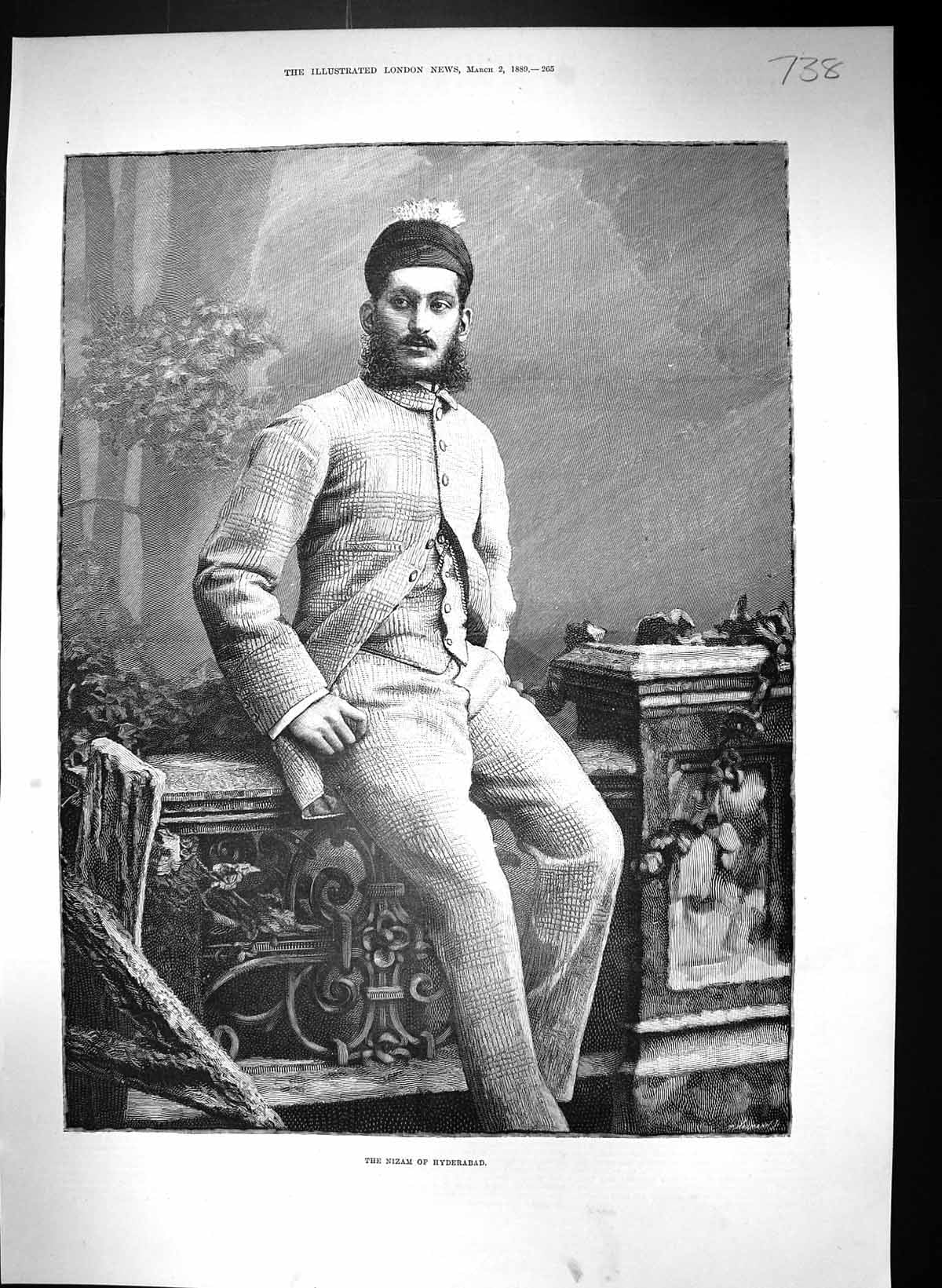 Original Old Antique Print 1889 Portrait Fine Art Nizam Hyderabad Victorian