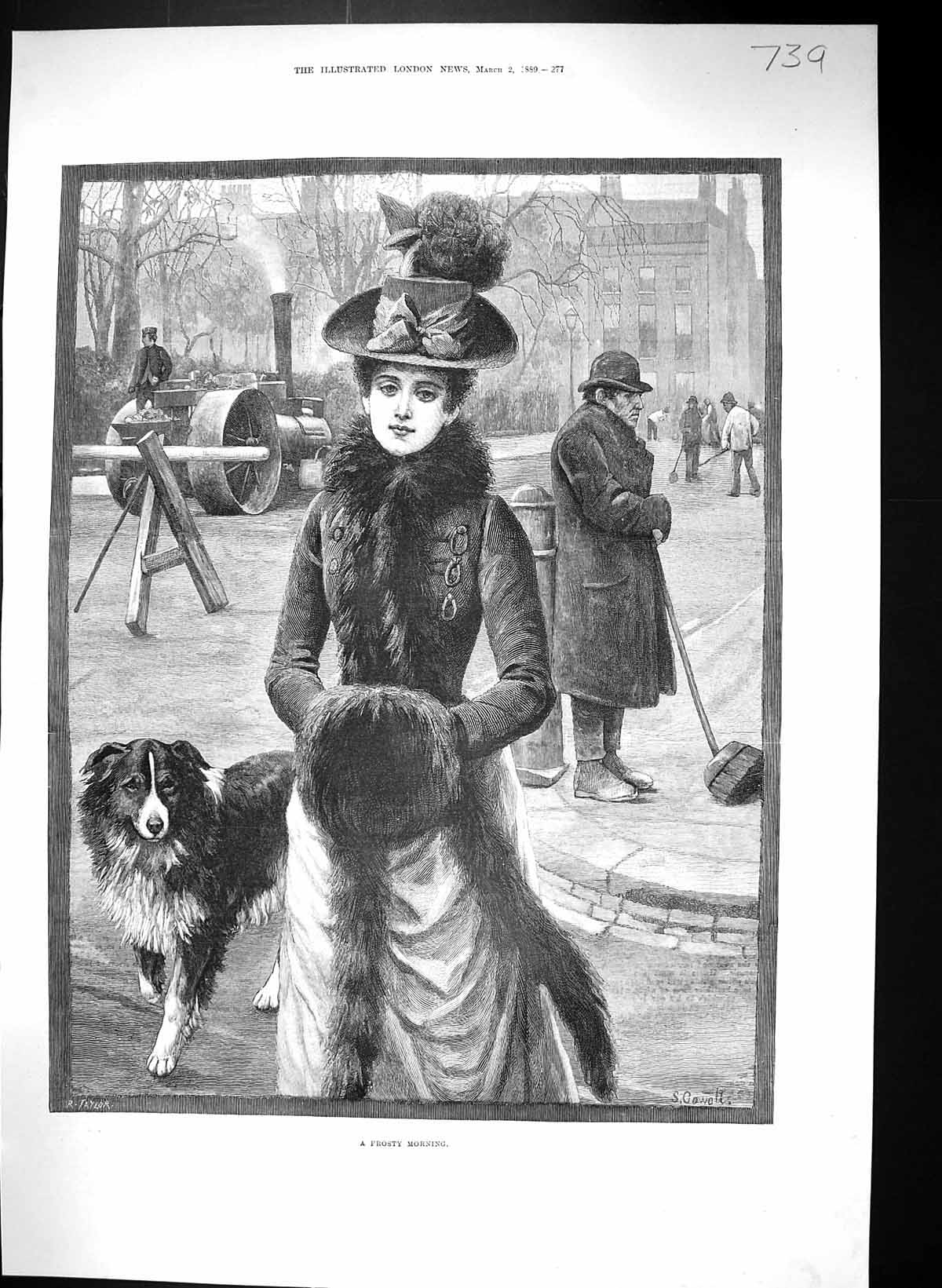 Old 1889 Frosty Morning Scene Road-Roller Man Brush Lady Fur Coat Dog Victorian