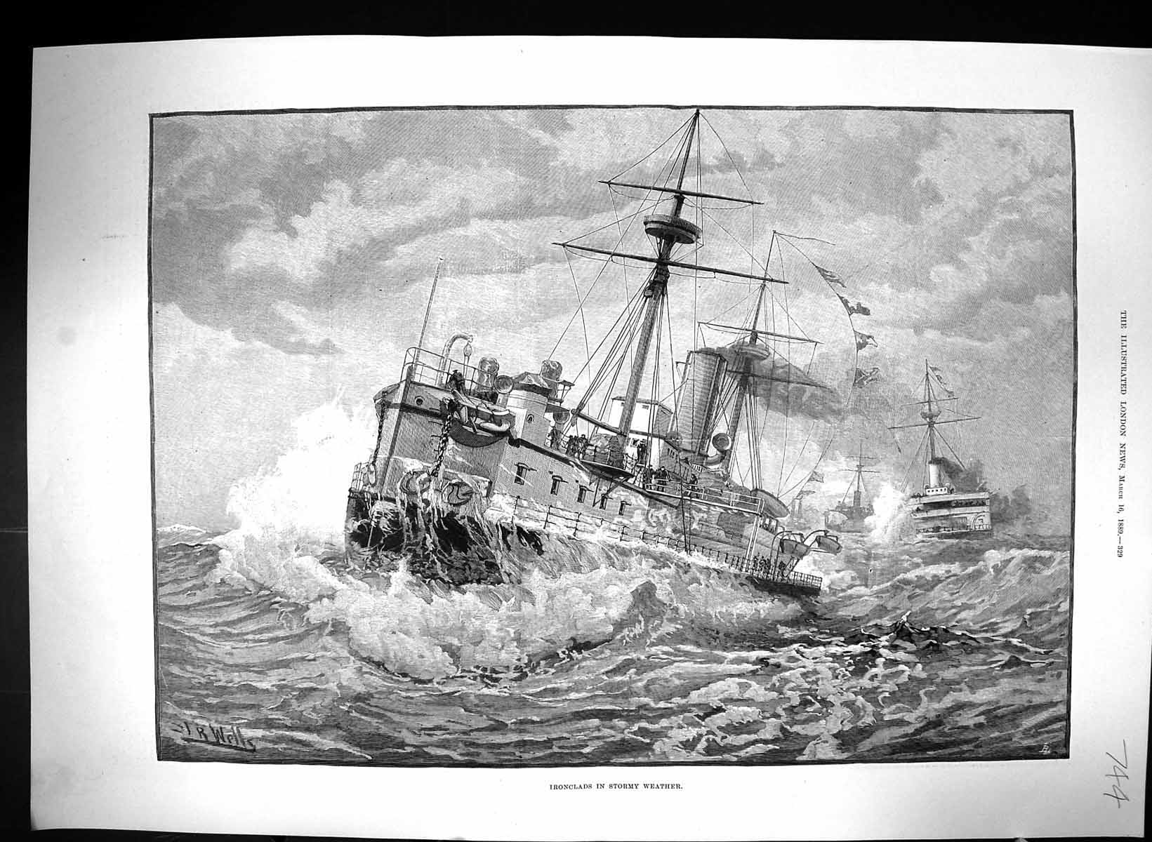 Original Old Antique Print 1889 Ironclads Ships Stormy Weather Sea Wells 19th