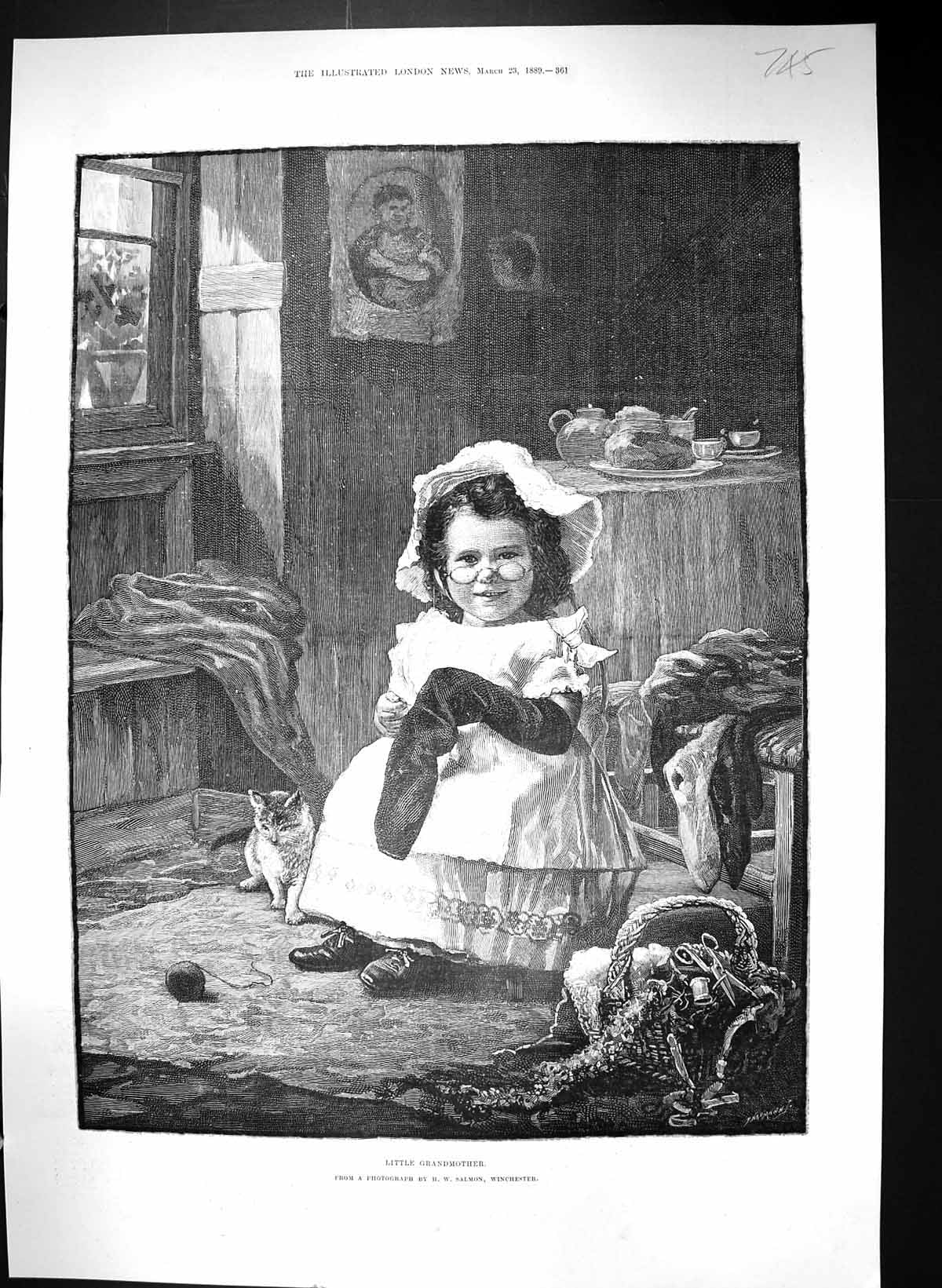 Old 1889 Little Grandmother Young Girl Sewing Socks Kitten Wool Salmo Victorian
