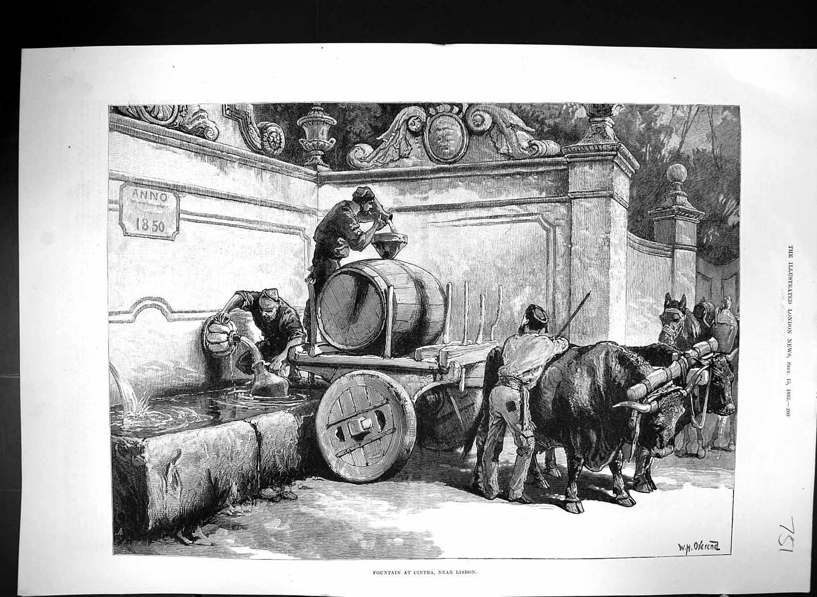 Old Antique Print 1883 Overend Fountain Cintra Lisbon Portugal Bull Cart 19th