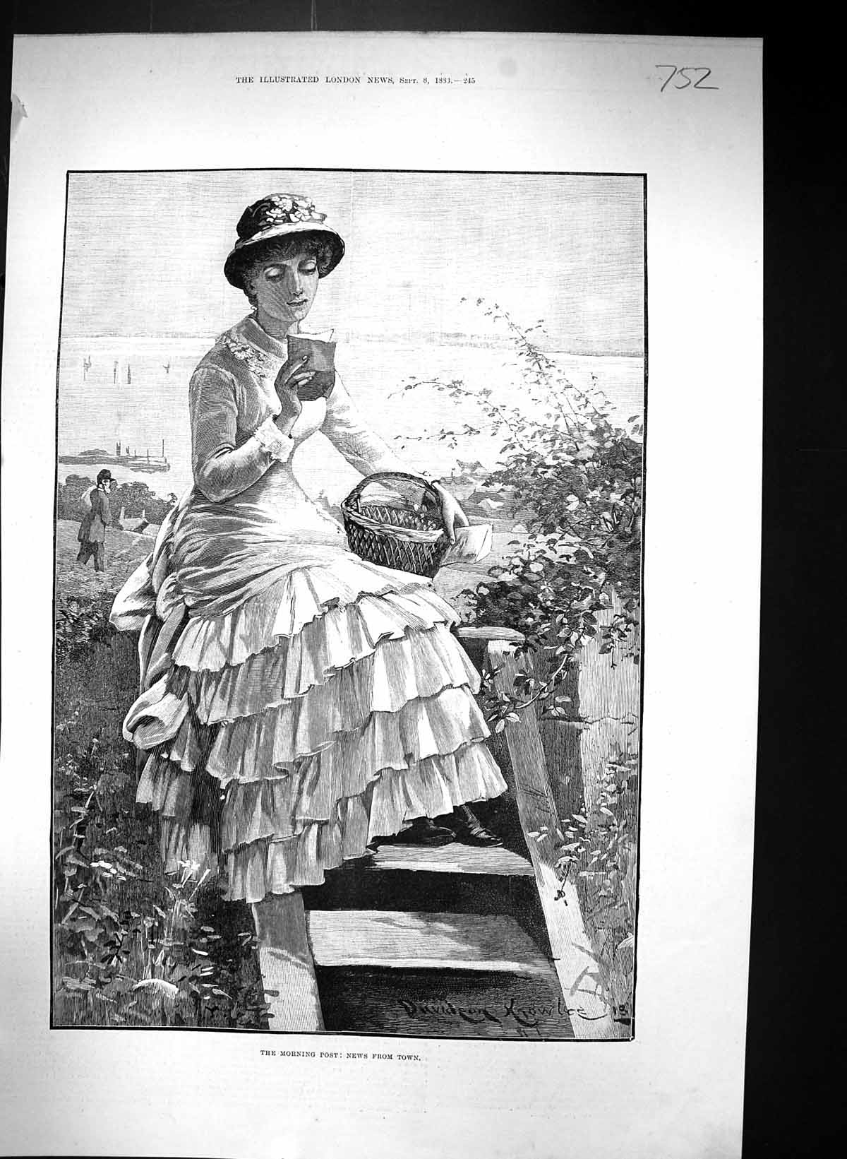 Antique Print 1883 Davidson Knowles Lady Reading Morning Post Letter Basket
