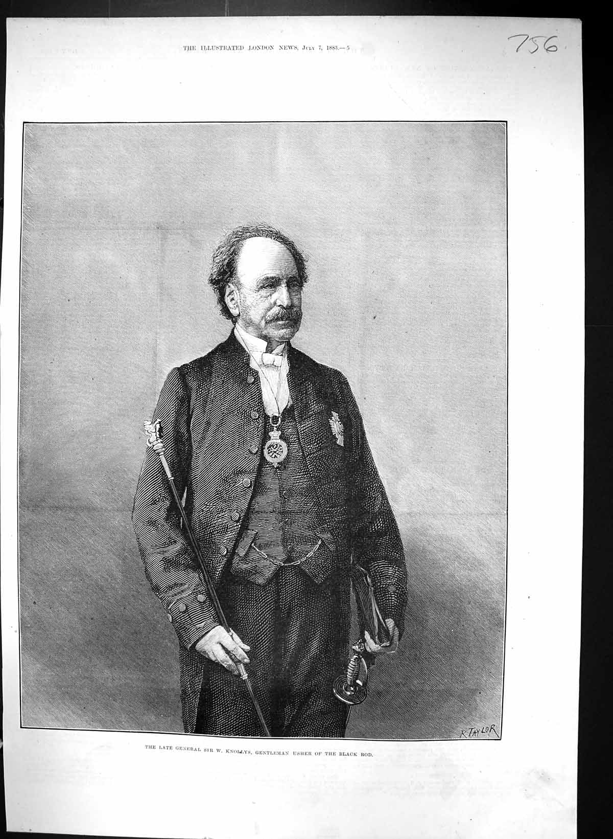 Antique Old Print 1883 Portrait General Sir Knollys Gentleman Usher Black Rod