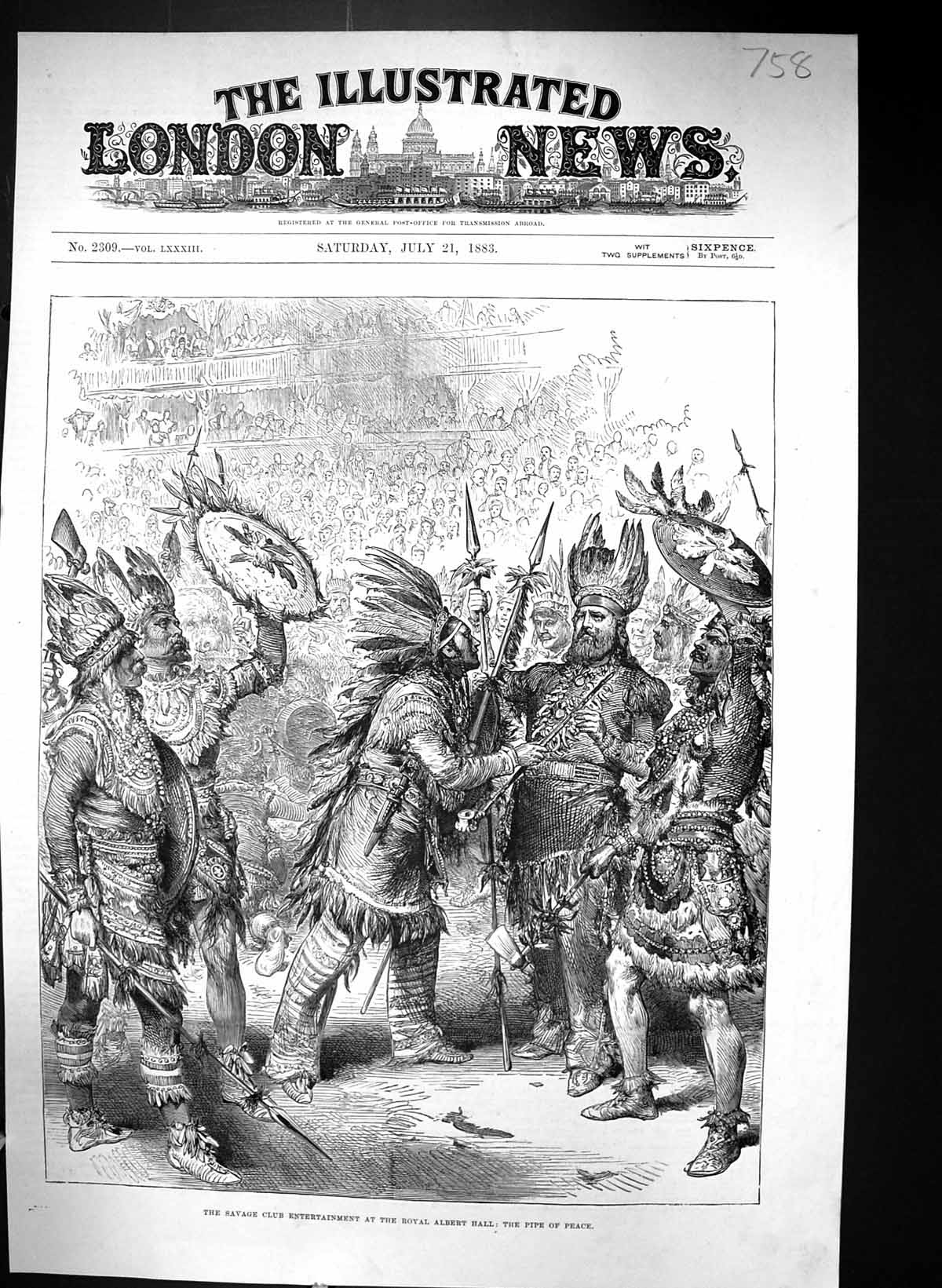 Old 1883 Savage Club Entertainment Royal Albert Hall Scene Pipe Peace Victorian