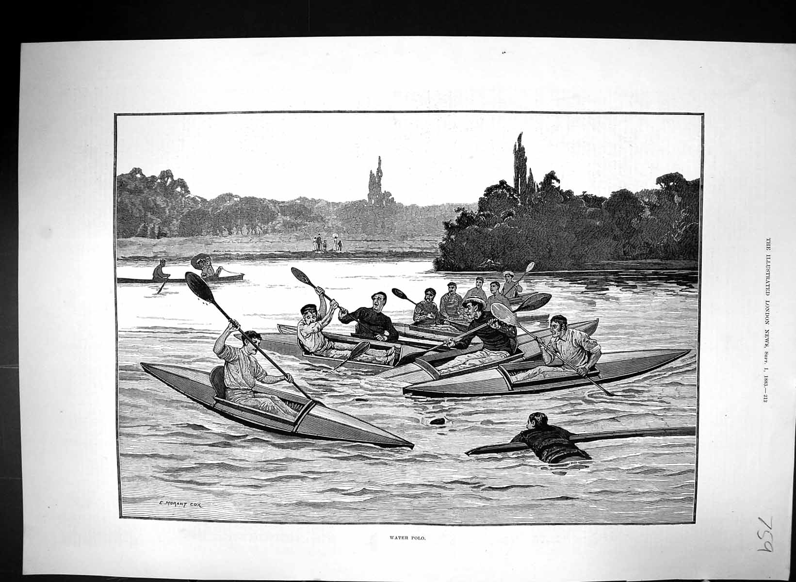 Original Old Antique Print 1883 Water Polo Sport River Boats Men Morant Cox