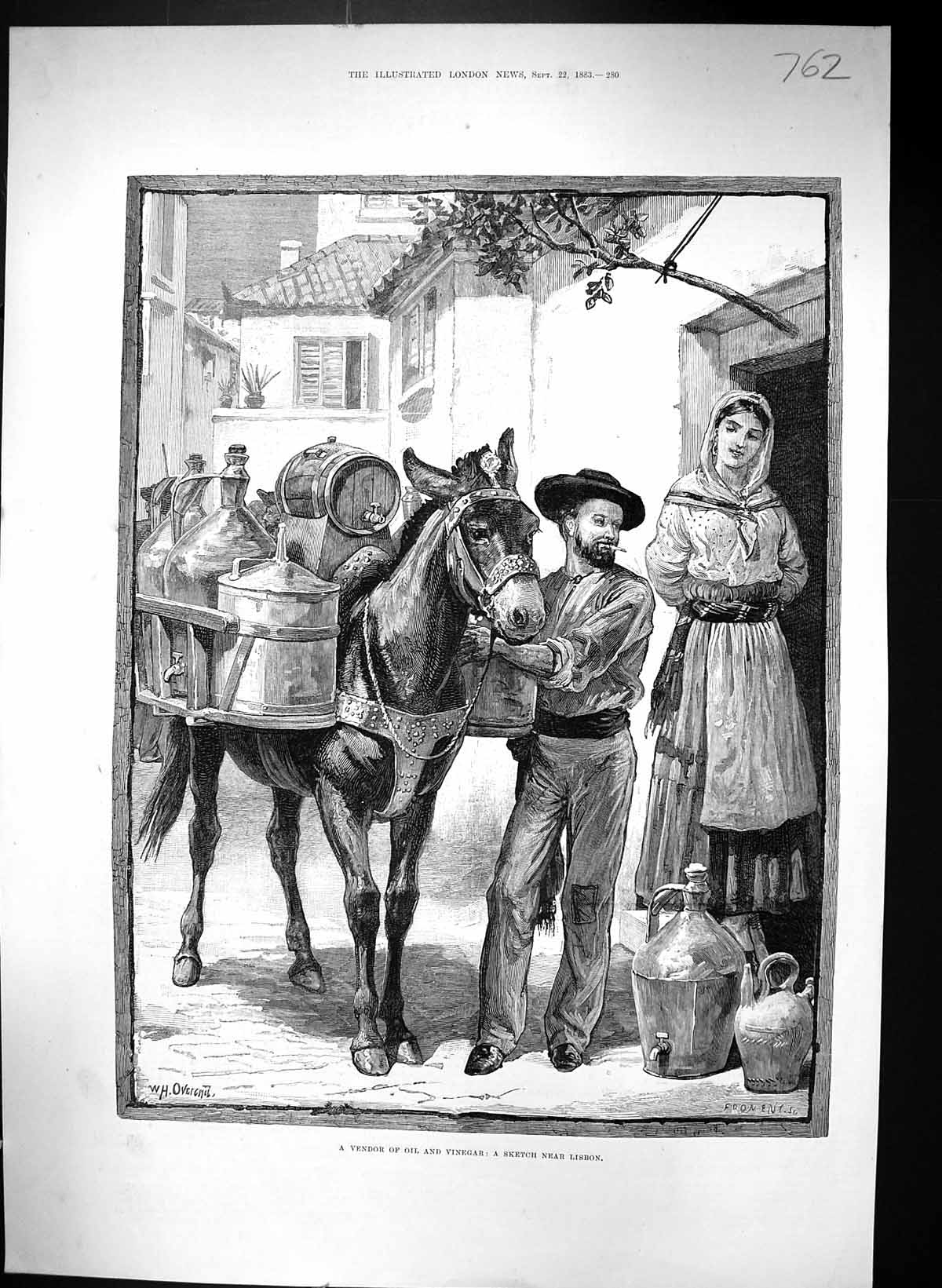 Old 1883 Overend Scene Vendor Oil Vinegar Street Scene Lisbon Portuga Victorian