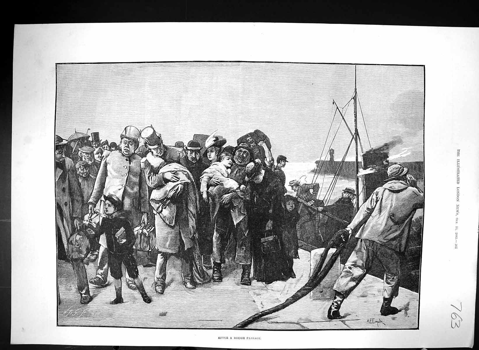 Antique Old Print 1883 Ship Passengers After Rough Passage Sick People Dock