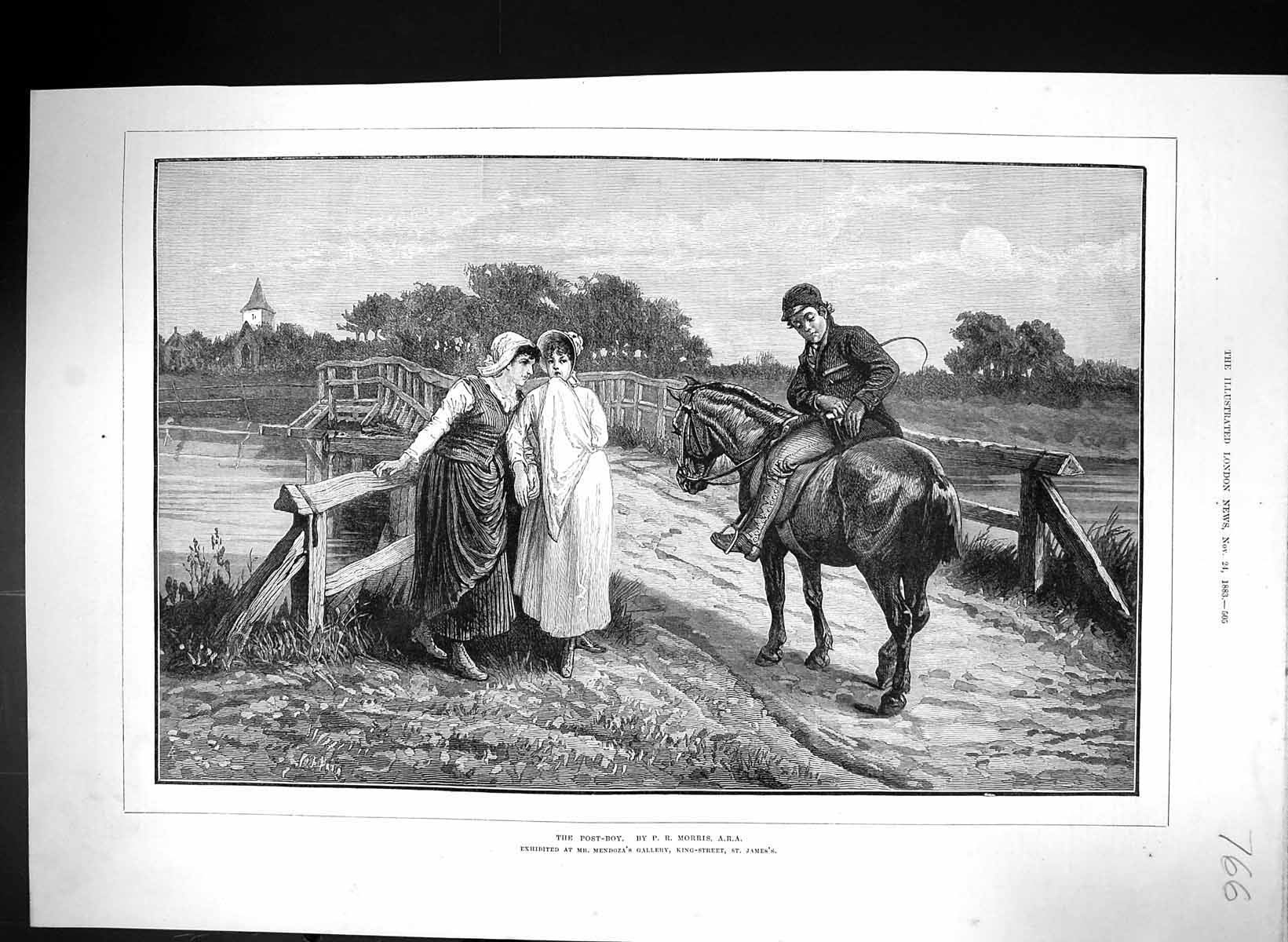 Original Old Antique Print 1883 Post Boy Horse Mail Young Women Morris 19th