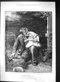Original Old Antique Print 1883 Memory Man Young Baby Grave Flowers Stocks 19th
