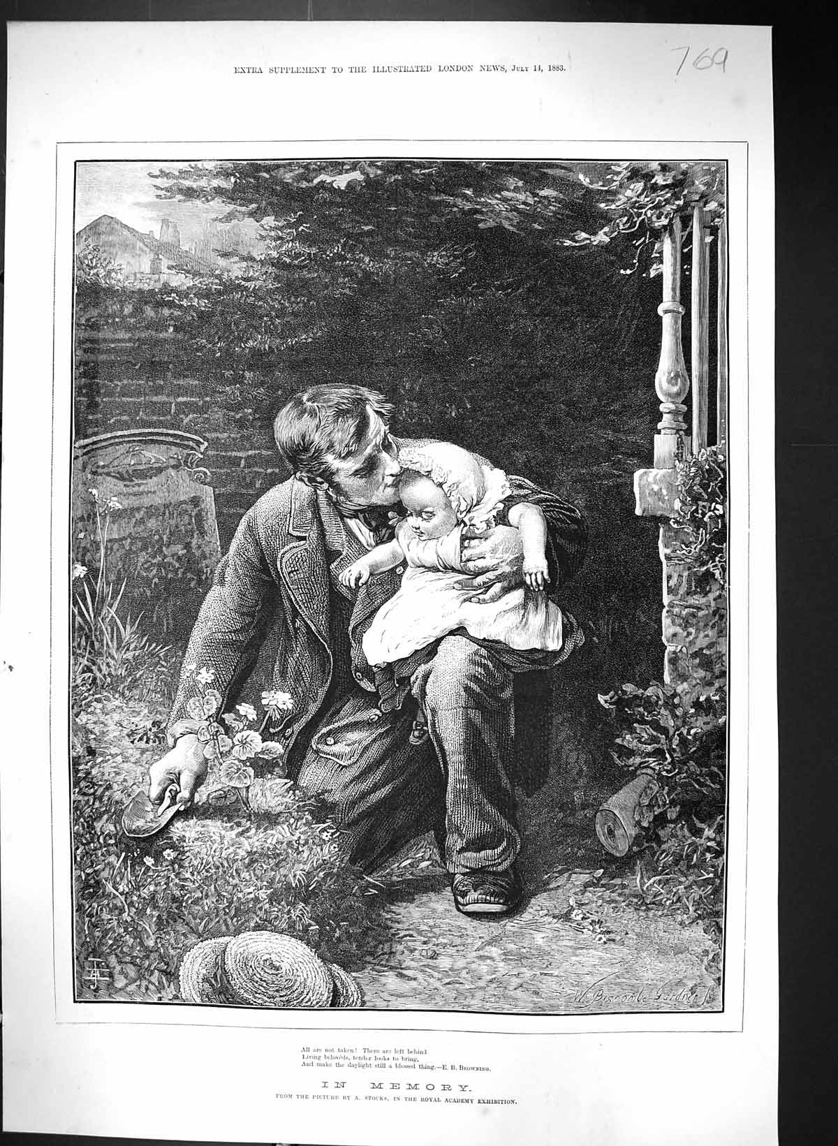 Original Old Antique Print 1883 Memory Man Young Baby Grave Flowers Stocks 19th