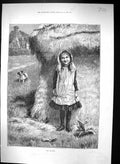 Original Old Antique Print 1884 Herbert Doilman Little Girl Haystack Puppy Dog