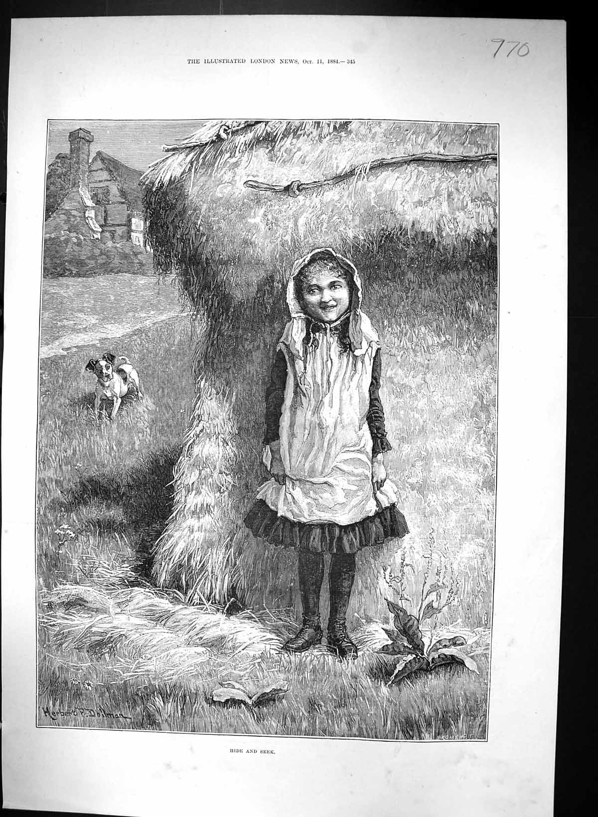 Original Old Antique Print 1884 Herbert Doilman Little Girl Haystack Puppy Dog
