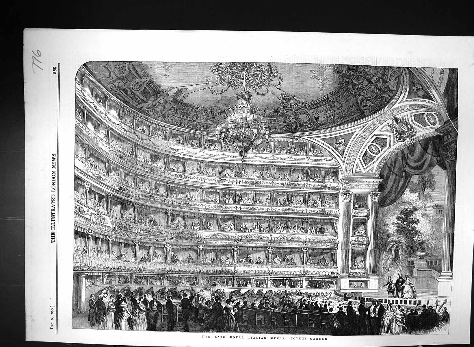 Old Print 1856 Interior Royal Italian Opera Covent Garden London Audience 19th