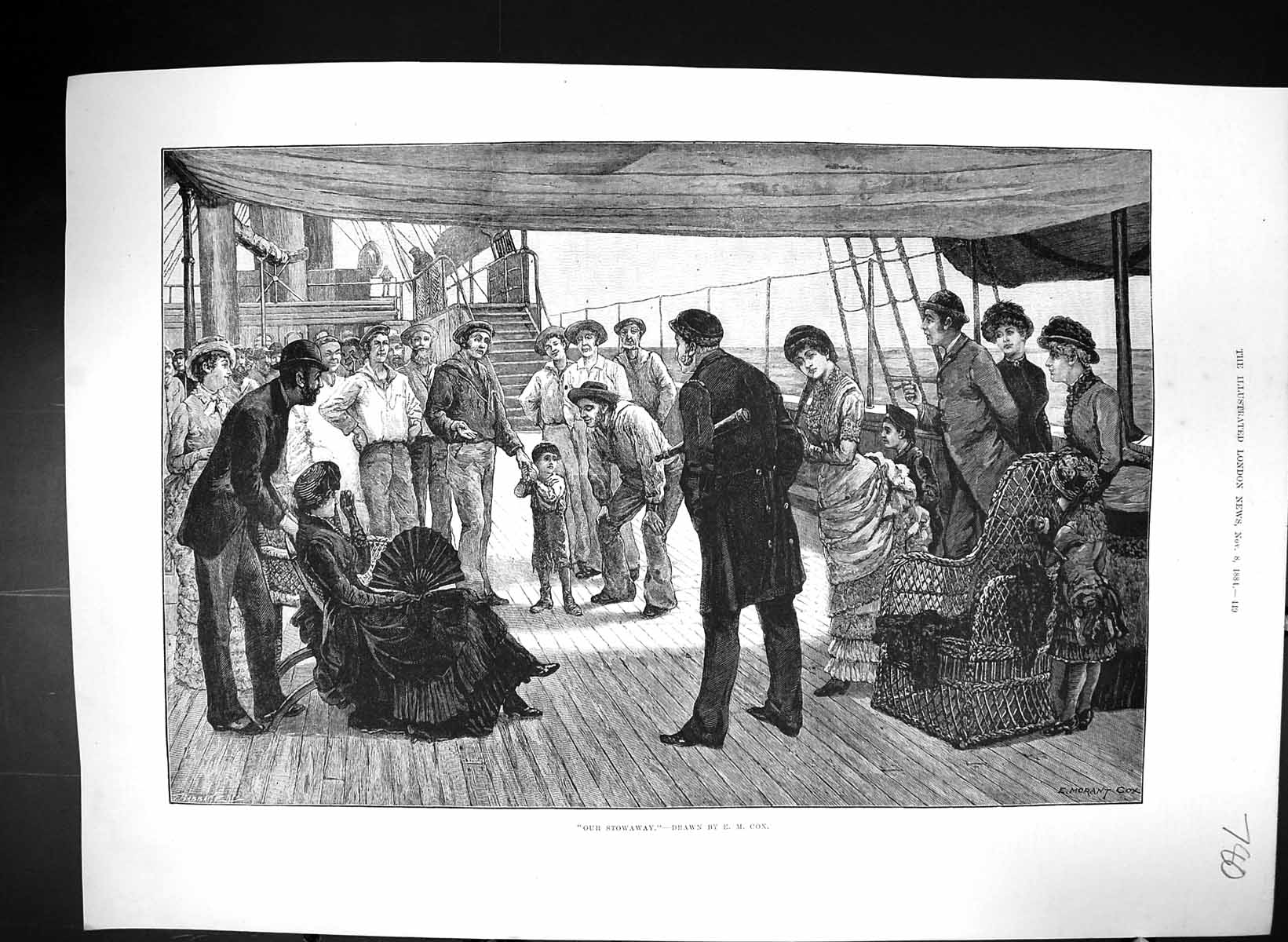 Old Antique Print 1884 Young Boy Ship Deck Stowaway Passengers Fine Art 19th
