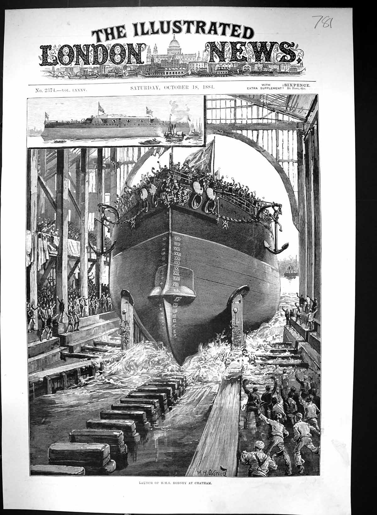 Antique Print 1884 Scene Launch Ship H.M.S Rodney Chatham Overend Fine Art 19th