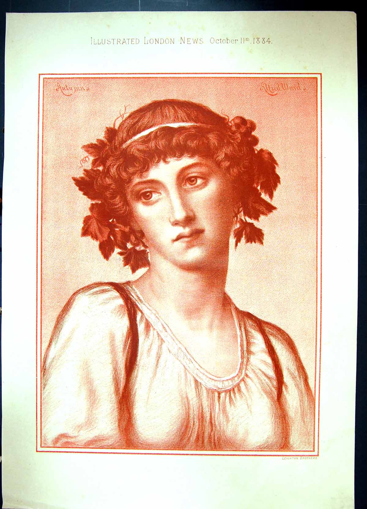 Old Antique Print 1884 Portrait Beautiful Woman Autumn Leighton Brothers 19th
