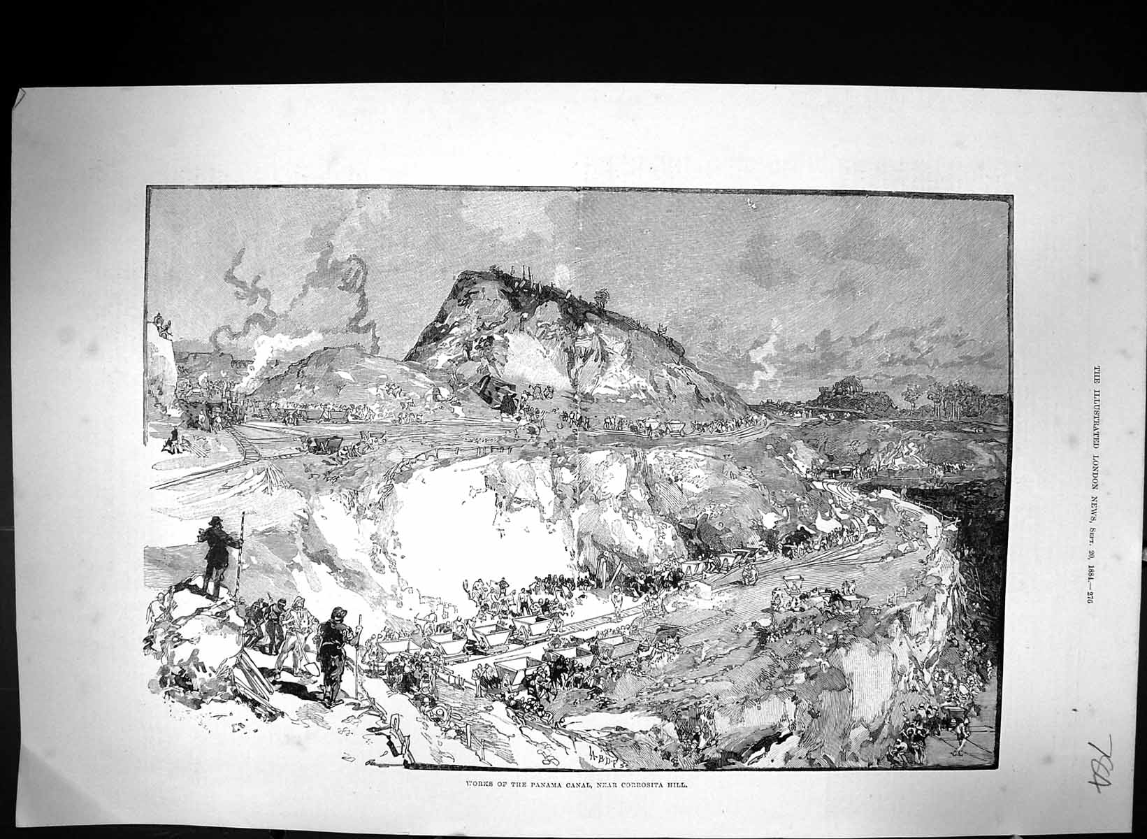 Original Old Antique Print 1884 Scene Works Panama Ship Canal Corrosita Hill