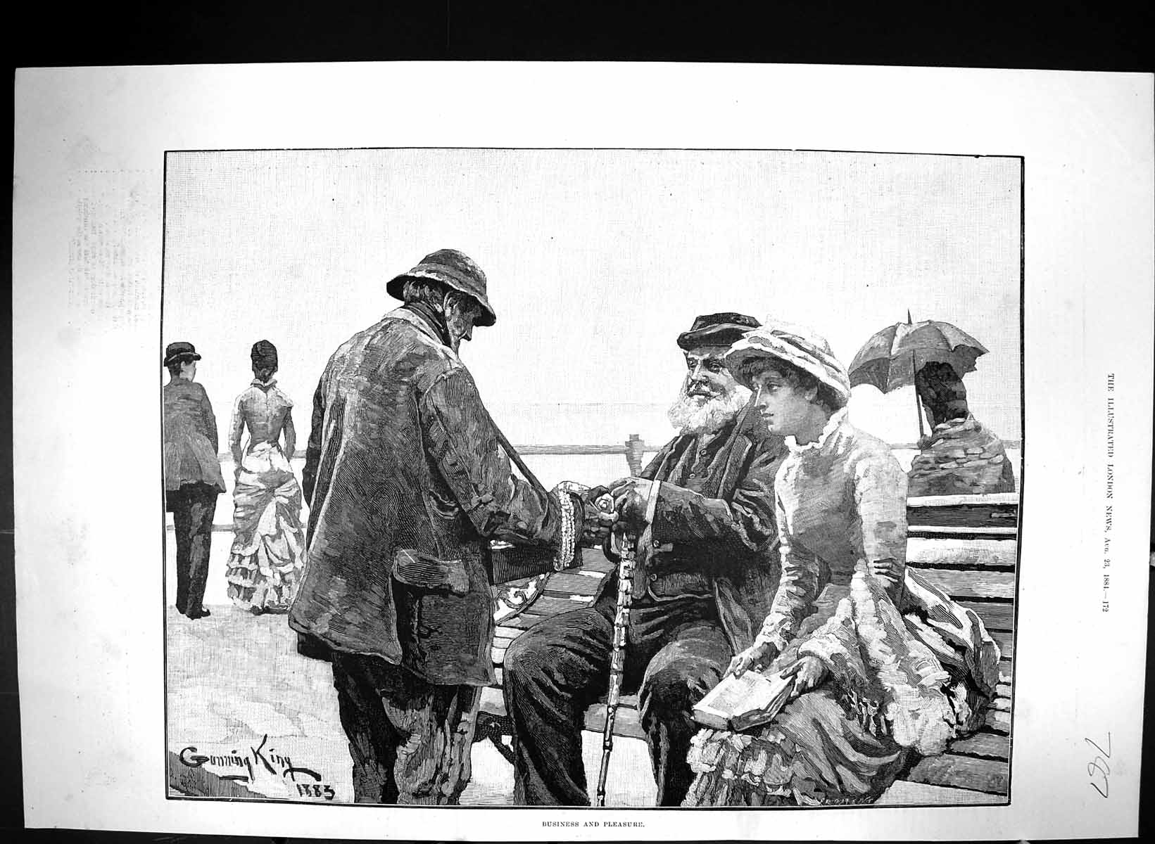 Antique Print 1884 King Fine Art Business Pleasure Man Lady Street Selleer 19th