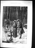 Original Old Antique Print 1884 Plotting Mischief Man Lady Romance Snow Trees