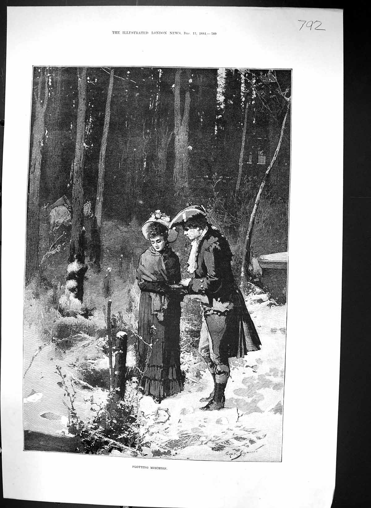 Original Old Antique Print 1884 Plotting Mischief Man Lady Romance Snow Trees