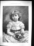 Antique Old Print 1884 Portrait Beautiful Young Girl Flowers Walker Fine Art
