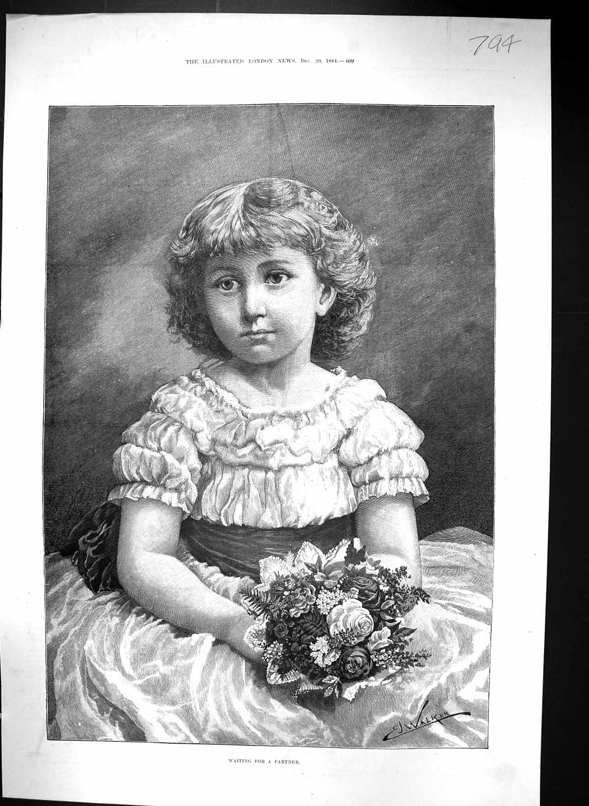 Antique Old Print 1884 Portrait Beautiful Young Girl Flowers Walker Fine Art