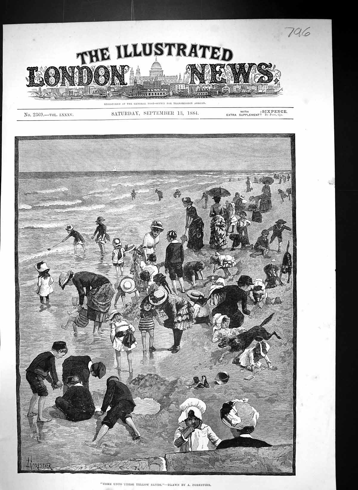 Antique Old Print 1884 Forestier Scene Beach Yellow Sands Children Playing 19th