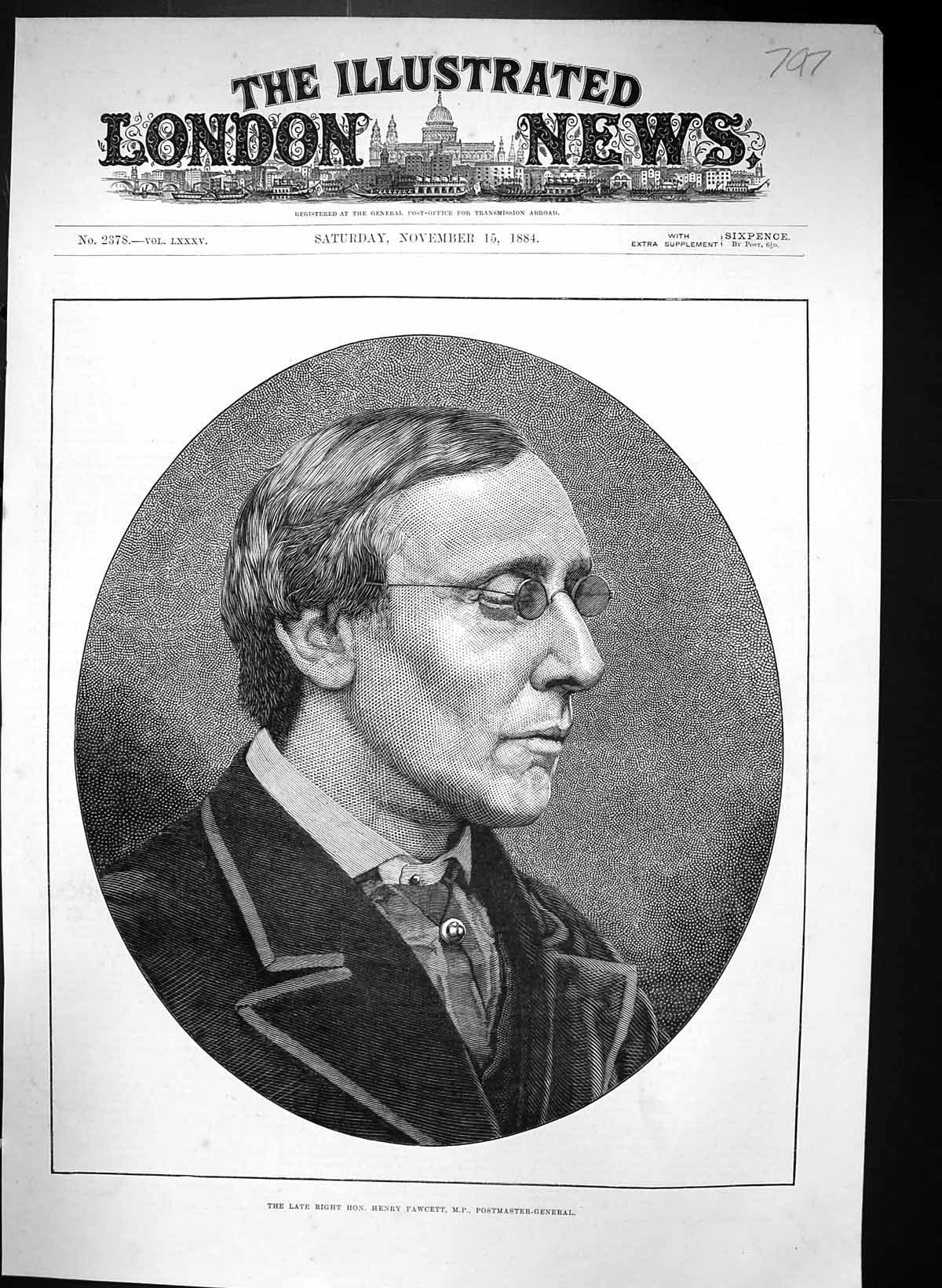 Original Old Antique Print 1884 Portrait Henry Fawcett M.P. Postmaster General