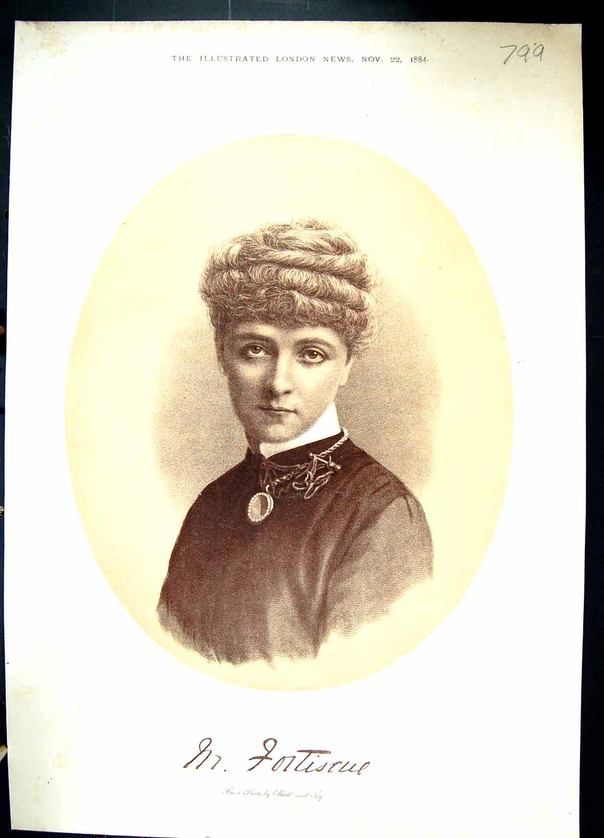 Original Old Antique Print 1884 Portrait Fortiscue Beautiful Lady Elliott Fry