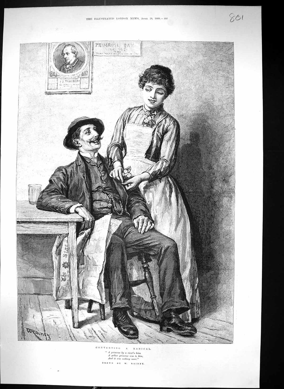 Old Antique Print 1889 Rainey Scene Converting Radical Lady Man Flowers 19th