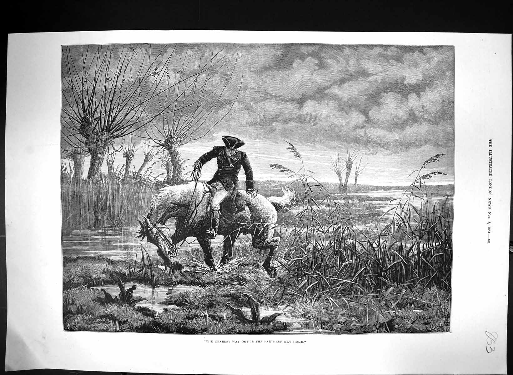 Original Old Antique Print 1884 Bekkley Fine Art Man Horse Marsh On Way Home