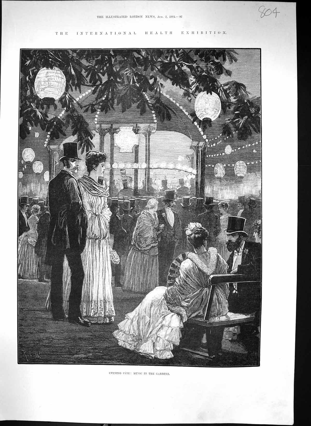 Old Print 1884 International Health Exhibition Evening Fete Music Gardens 19th
