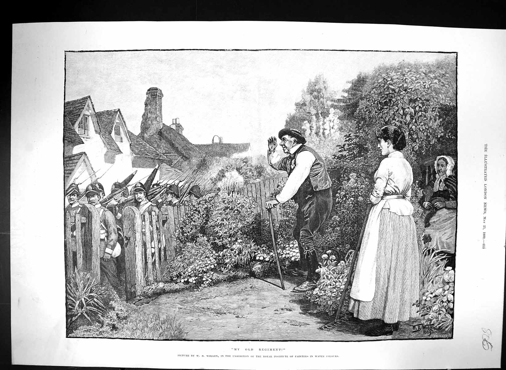 Original Old Antique Print 1889 Marching Siers Man Regiment Garden Scene Wollen