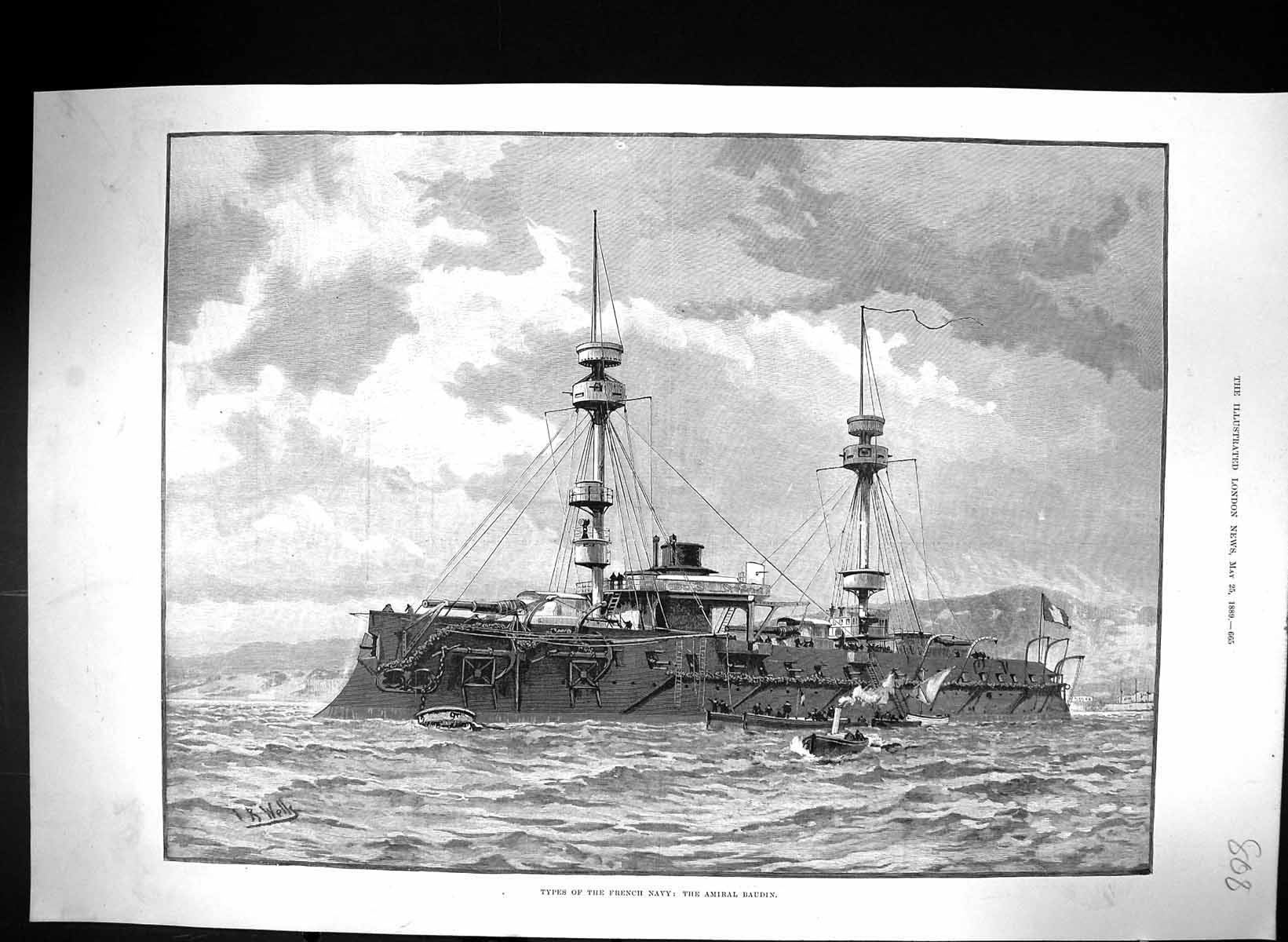 Original Old Antique Print 1889 Types French Navy Ship Amiral Baudin Wells 19th