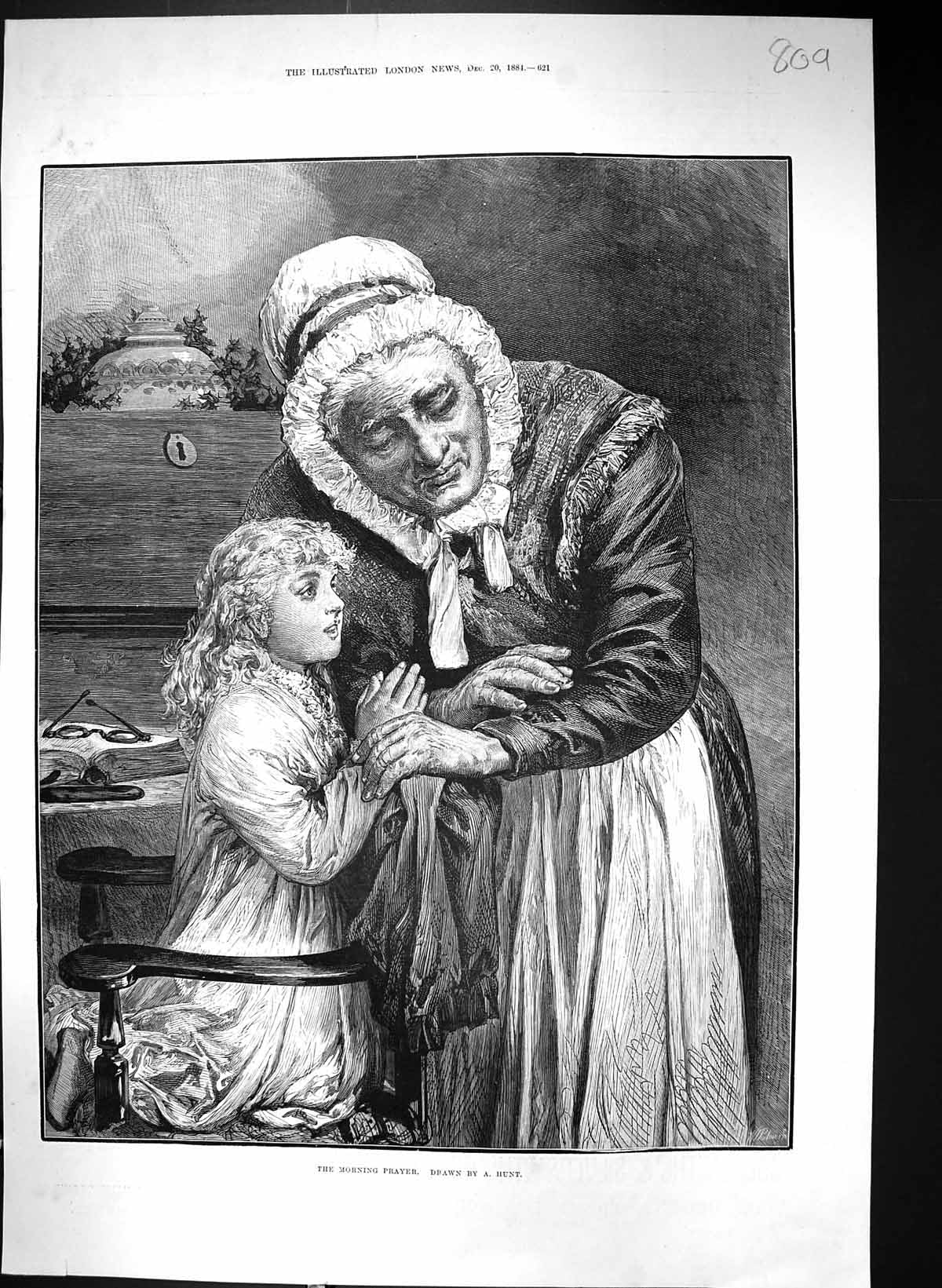 Antique Old Print 1884 Hunt Fine Art Scene Morning Prayer Little Girl Lady 19th