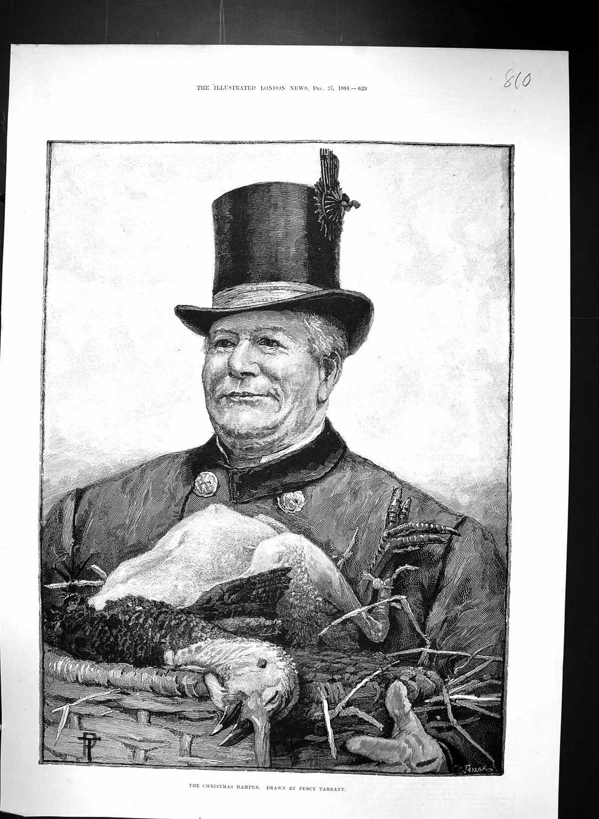 Antique Old Print 1884 Christmas Hamper Dead Turkey Man Percy Tarrant Taylor