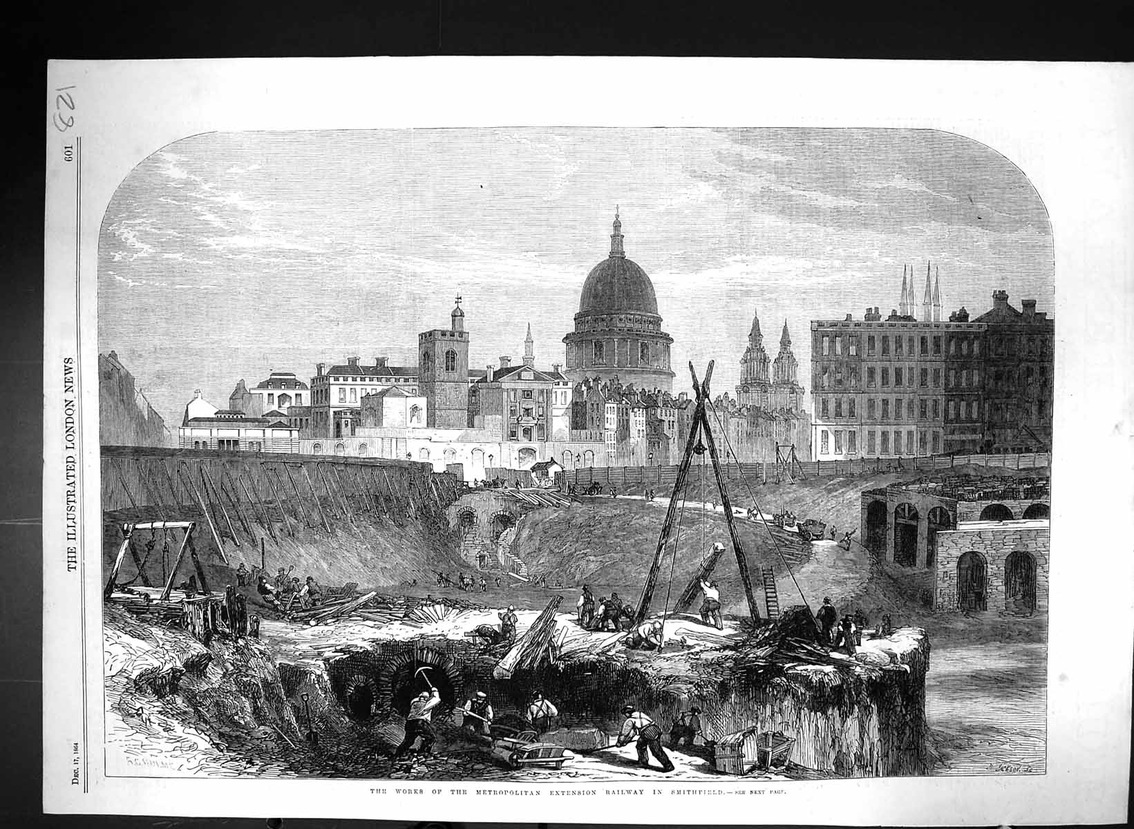 Original Old Antique Print 1864 Works Metropolitan Extension Railway Smithfield