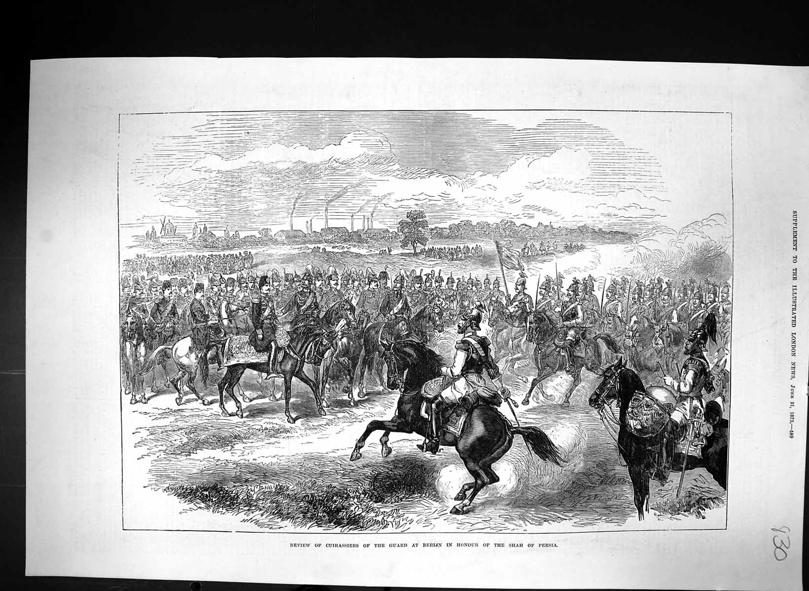 Old 1873 Review Cuirassiers Guard Berlin Honour Shah Persia Horses So Victorian