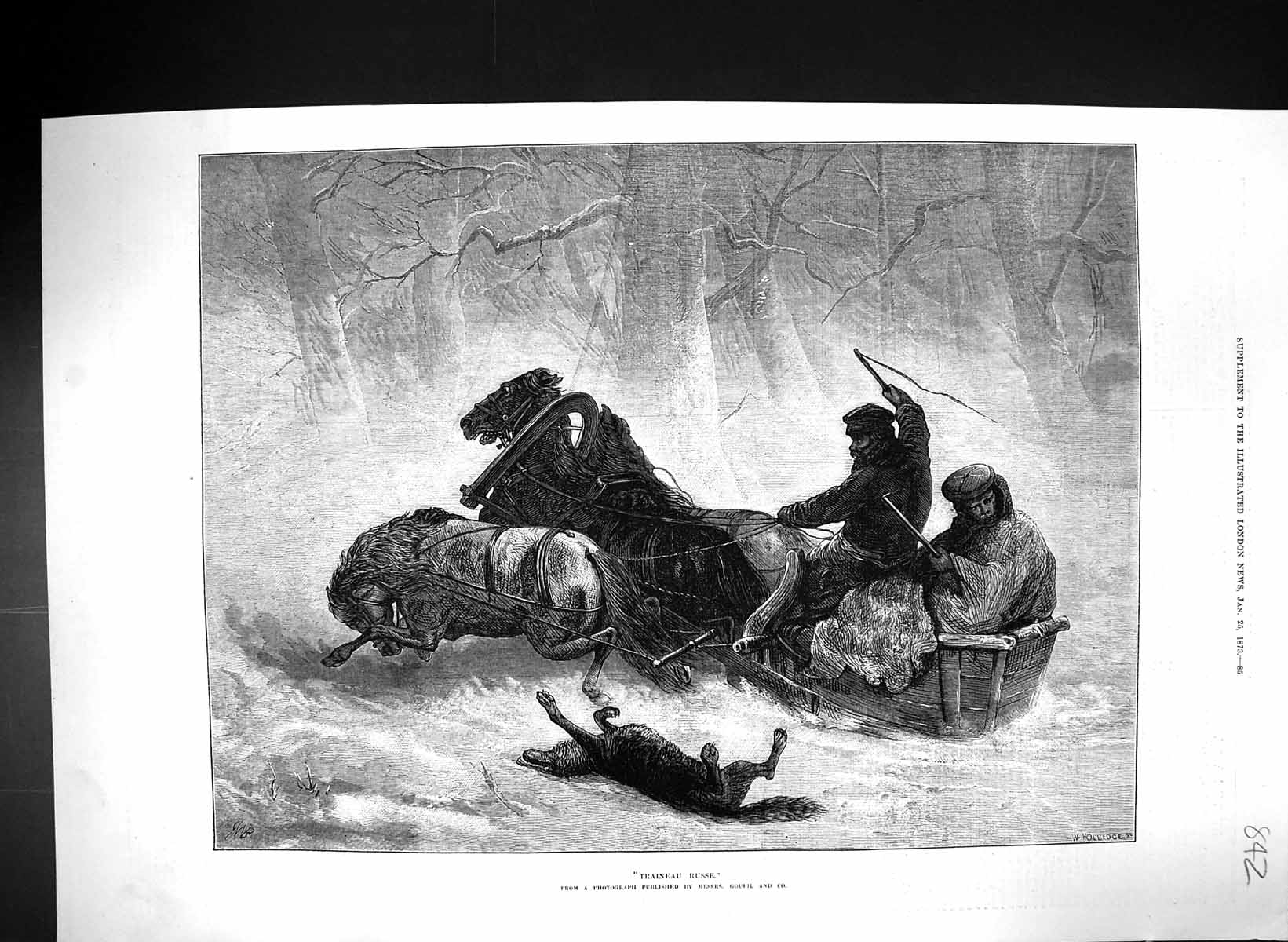 Original Old Antique Print 1873 Traineau Russe Horses Snow Sledge Dog Goupil