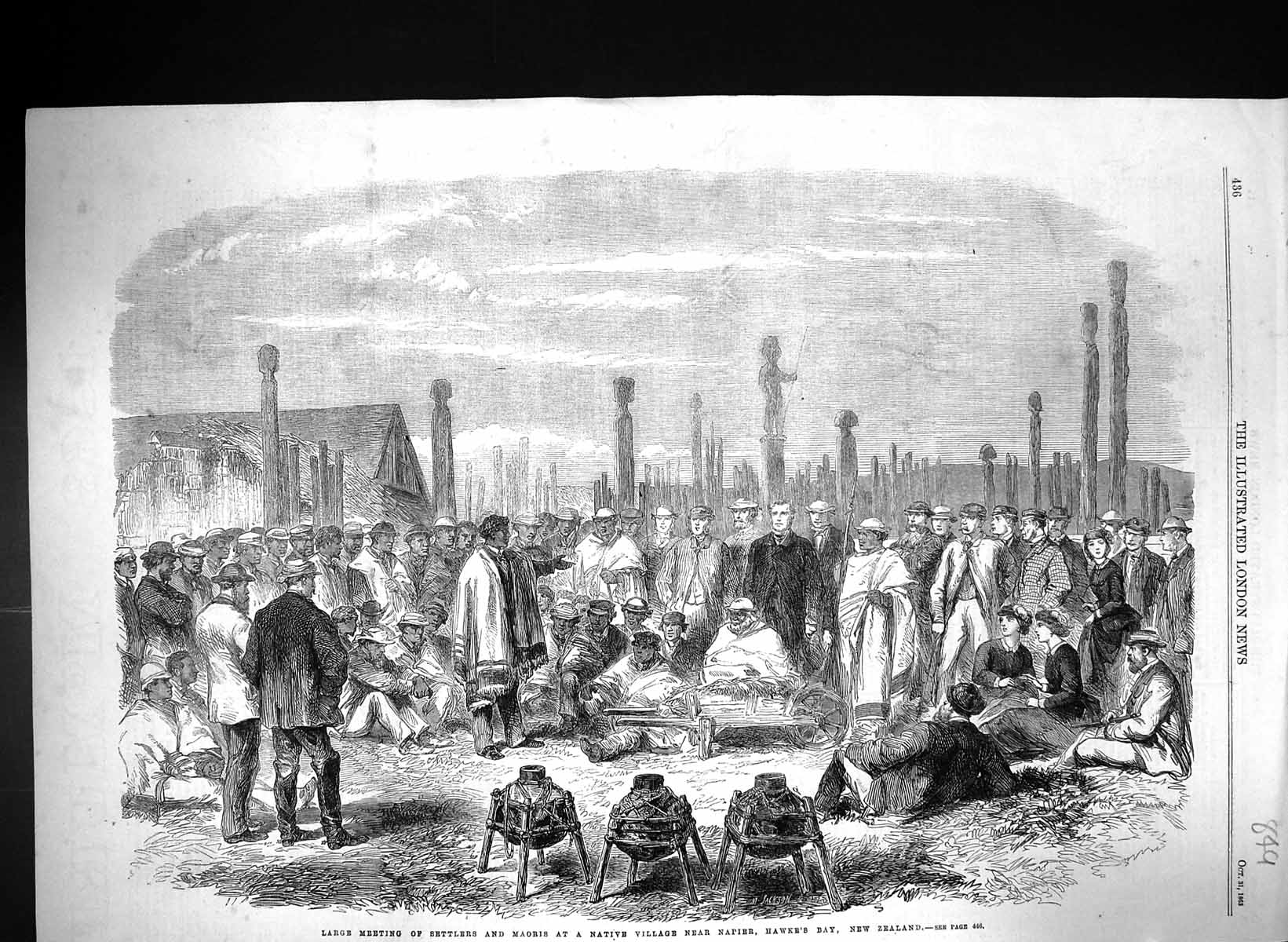 Old 1863 Meeting Settlers Maoris Native Village Napier Hawke'S Bay Ne Victorian